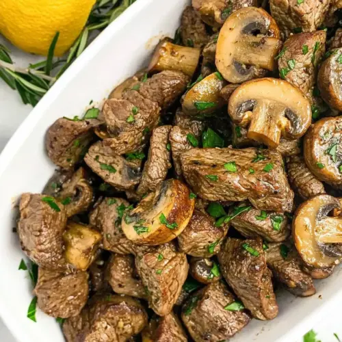 Homemade Air Fryer Steak Tips & Mushrooms food shot