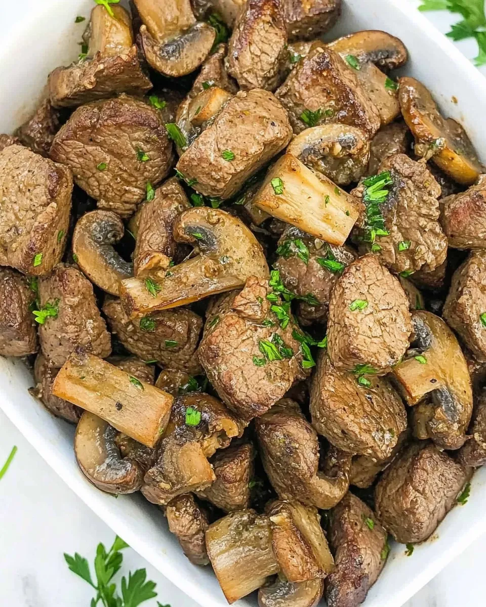 Easy Air Fryer Steak Tips & Mushrooms dish photo