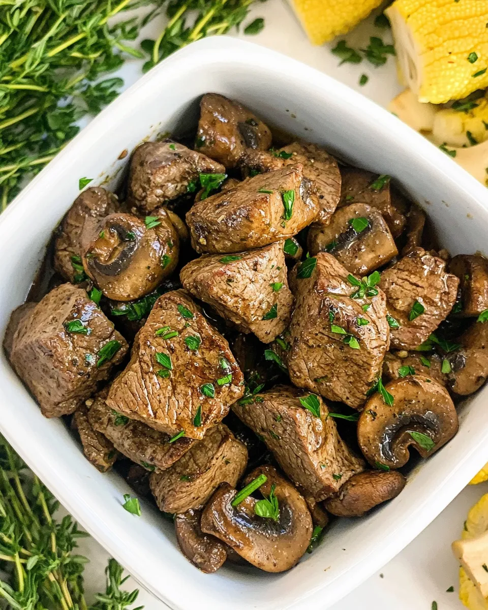 Delicious Air Fryer Steak Tips & Mushrooms plate image